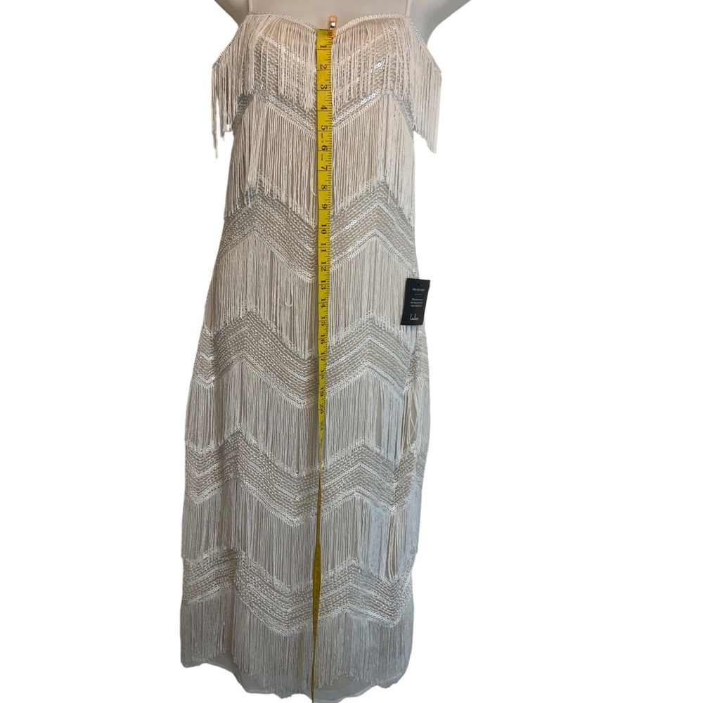 Lulus Women Cream Sequin Fringe Chevron Midi Cocktail Flapper Dress Medium NWT